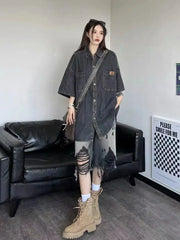 American High Street Washed Gradient Ripped Retro Old Size Denim Loose Shorts baggy jeans women