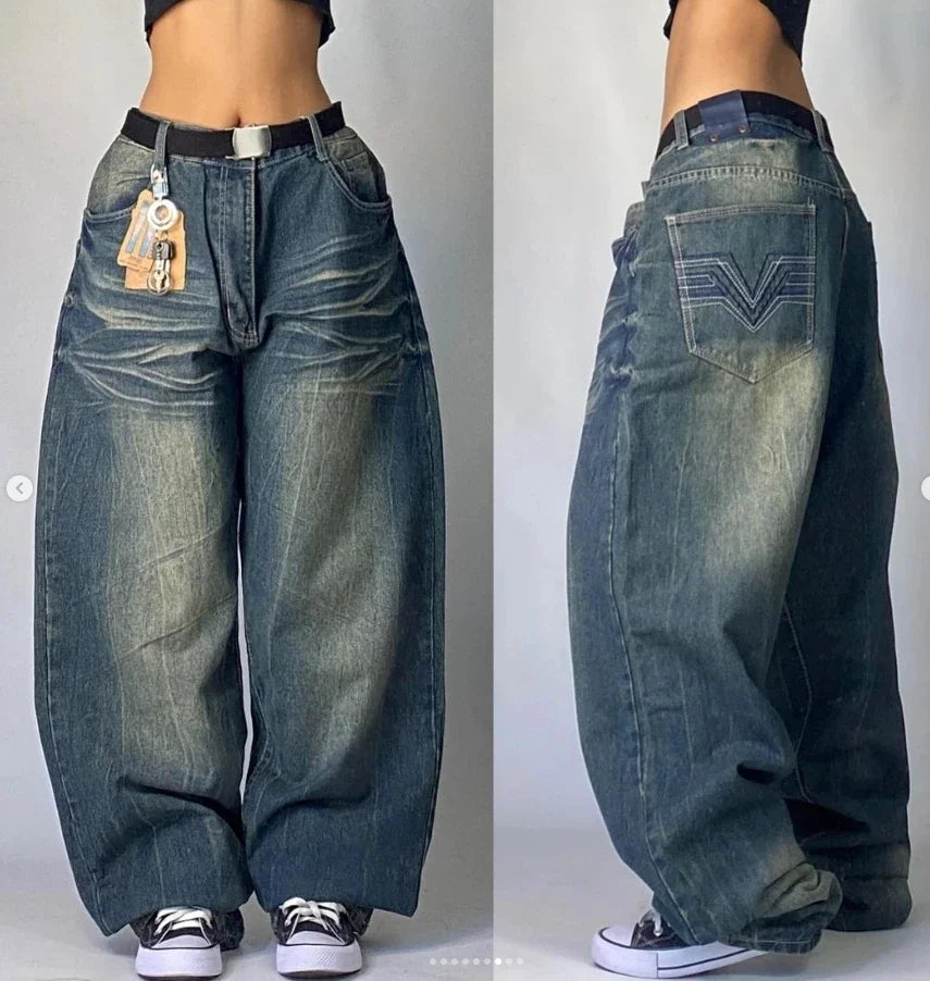 American Hip Hop Retro Gothic Print Jeans Y2K Street Selling Loose Straight Wide Leg Pants Unisex Joker Jeans