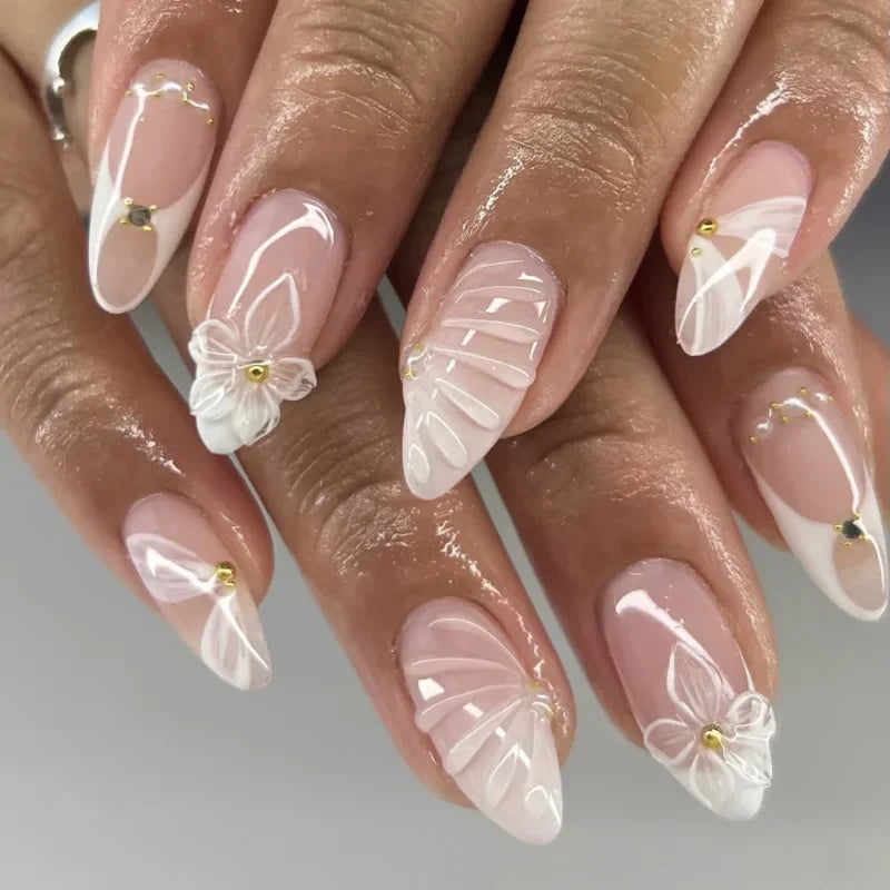 Pink Yellow Halo Dyeing Flower Water Ripple False Nails Leopard Long Pointed Fake Nails Art Press on Nails Charm Manicure