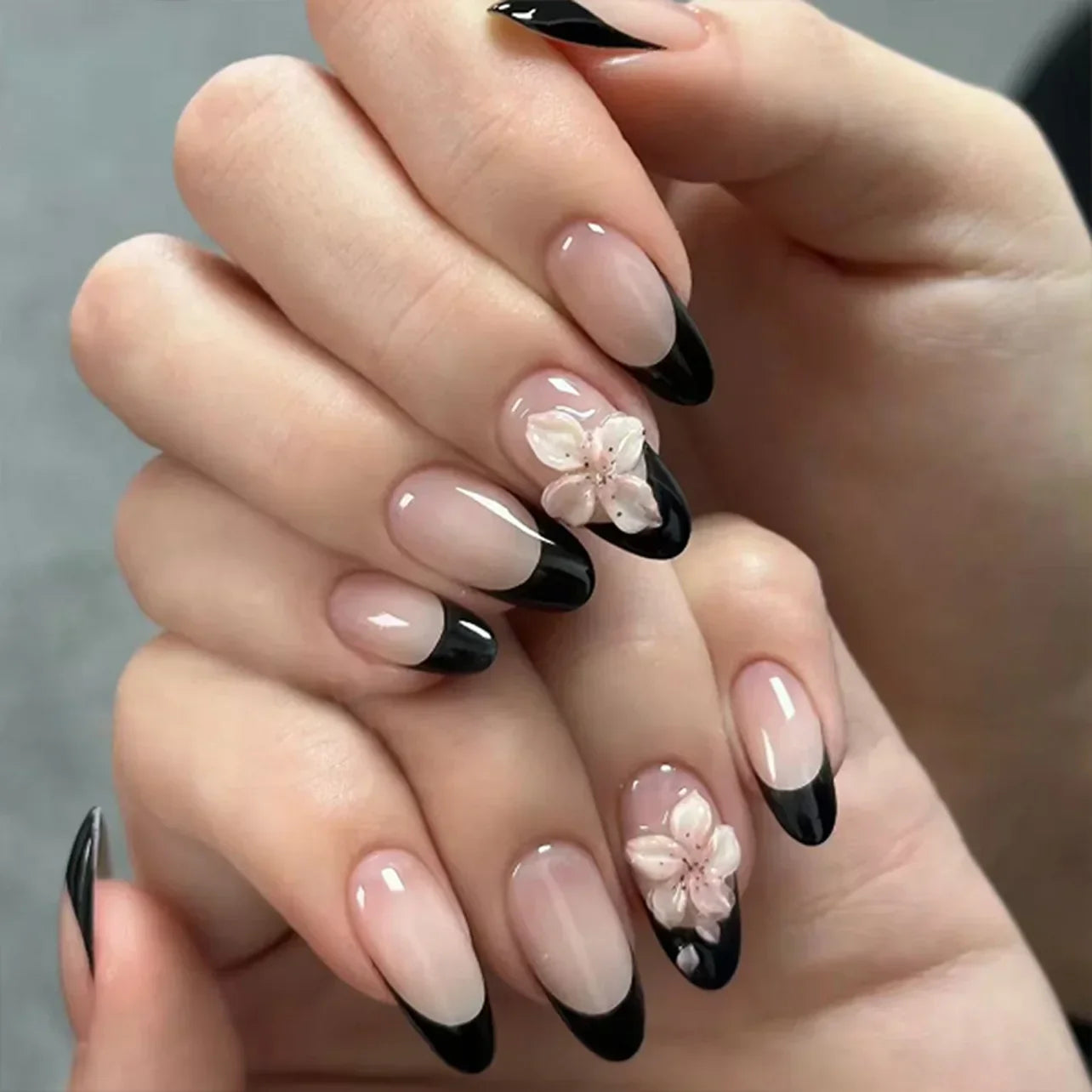 Pink Yellow Halo Dyeing Flower Water Ripple False Nails Leopard Long Pointed Fake Nails Art Press on Nails Charm Manicure