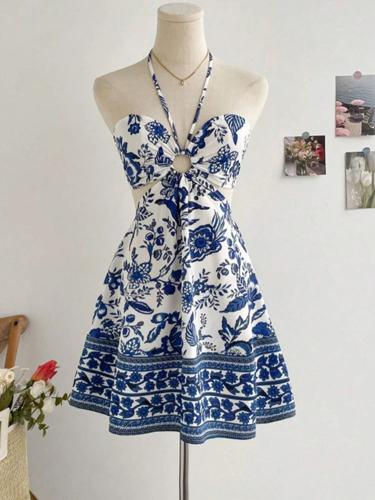 Romantical Floral Print Halter Neckable Dress Easy to Create Lazy Stylish Vacation Style Dress