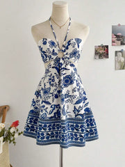Romantical Floral Print Halter Neckable Dress Easy to Create Lazy Stylish Vacation Style Dress