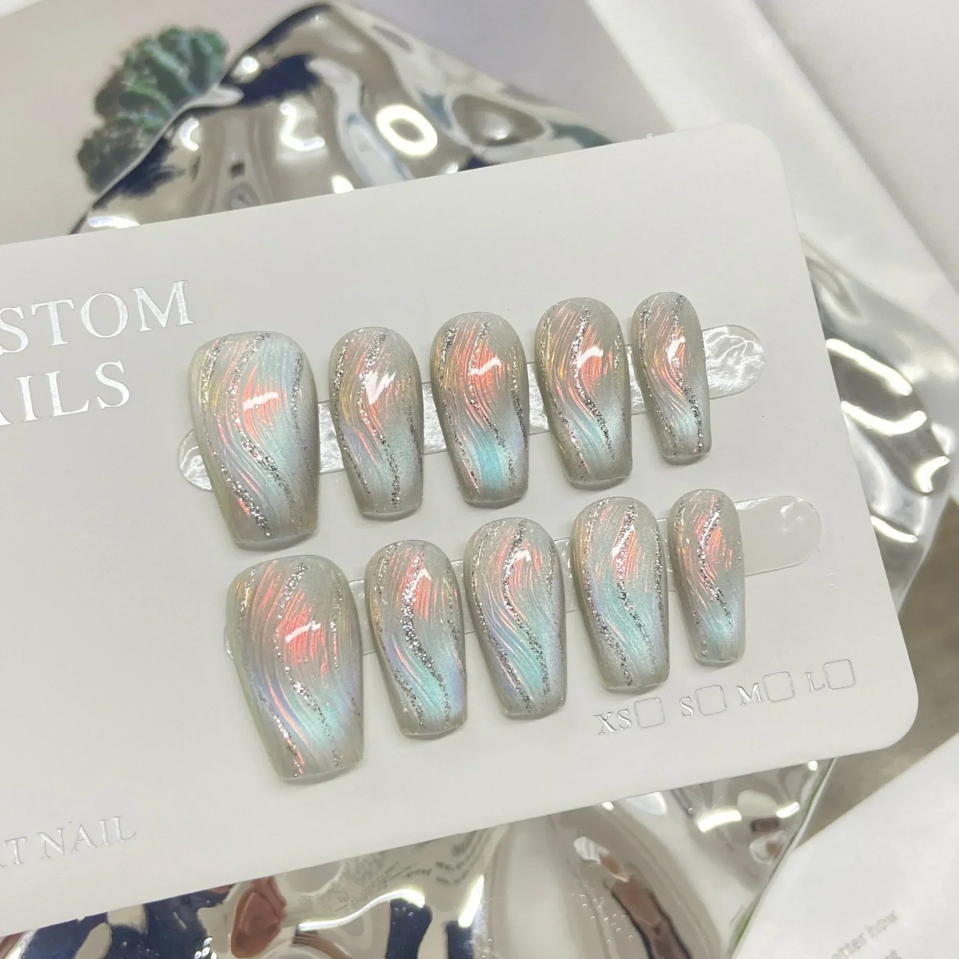 Beauty Colorful Short Square Round Detachable Manicure Kawaii Cat Eyes Glitter Sequins Rhinestone Handmade Full Cover Nail Tips