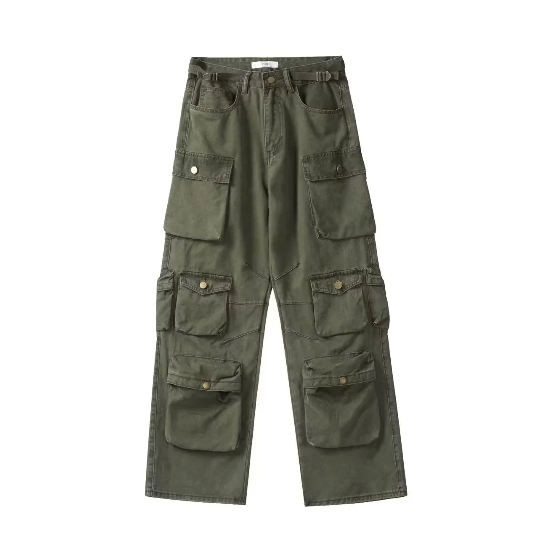 Cargo pants Rice White Multi-pockets Overalls Harajuku stays Loose Casual Trousers Straight Mopping Pants