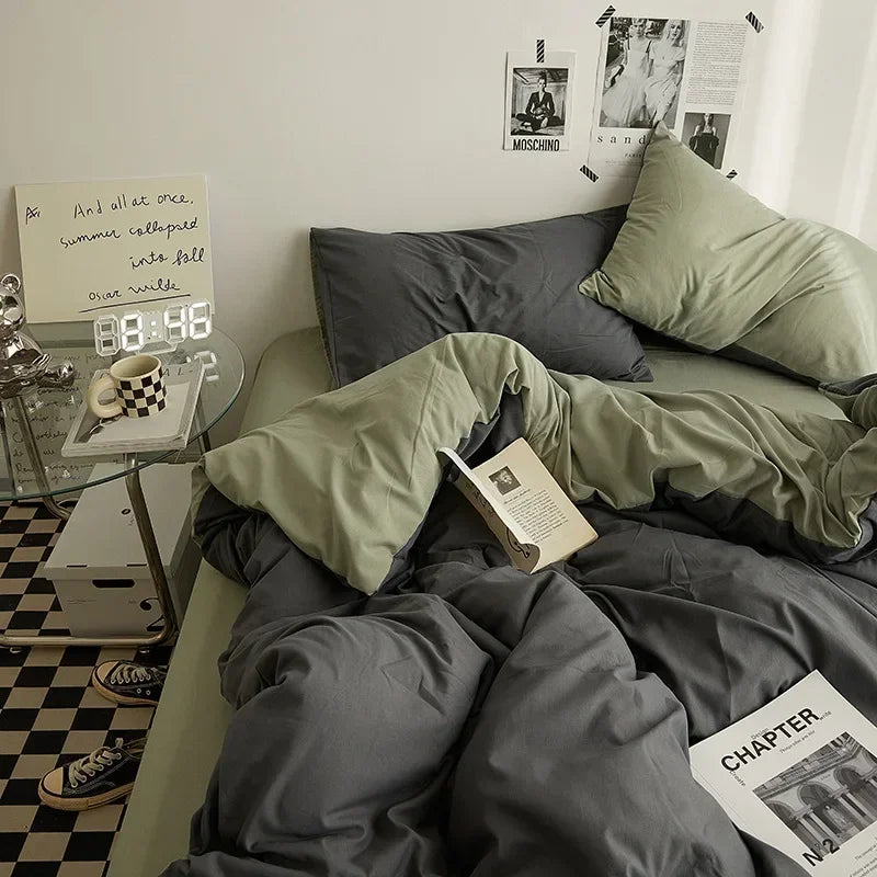Solid Color Double Washed Cotton Bedding 4 Pieces Set Student Dormitory Bed Linen Duvet Set Bed Suit