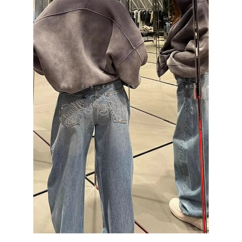 Loose Wide Leg Jeans Casual Pants Trousers Vintage Retro Design American Style Chic Distressed Oversized