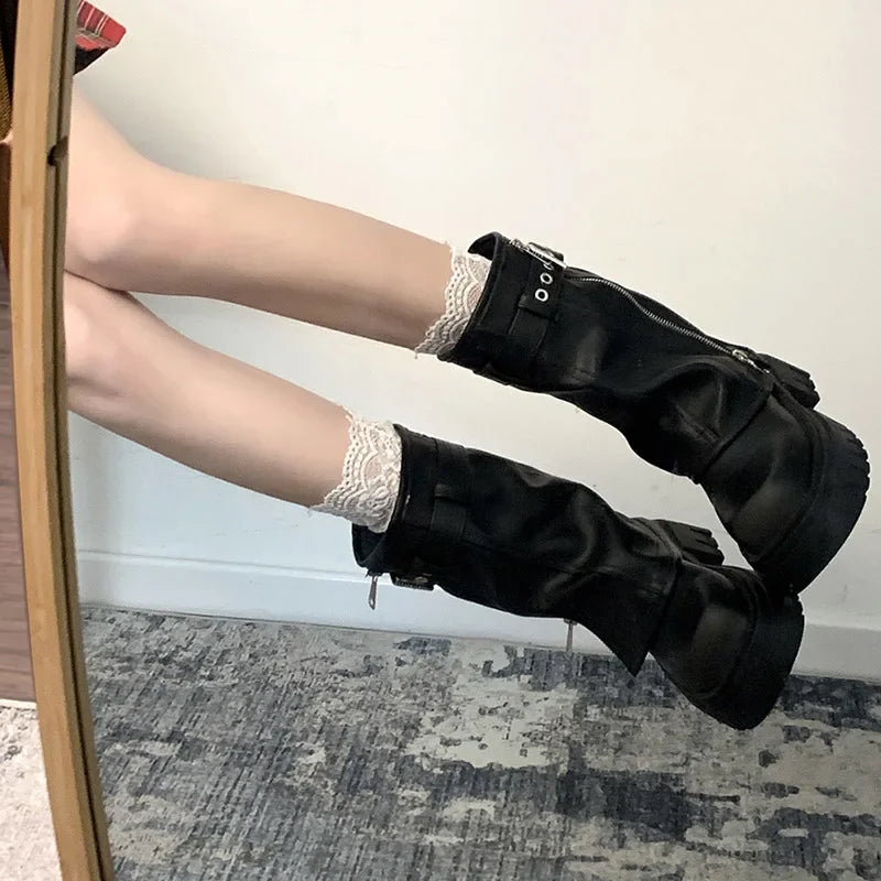 Biker Boots Belt Buckle Ladies Elegant Platform Flats Short Booties Casual Knight Booties