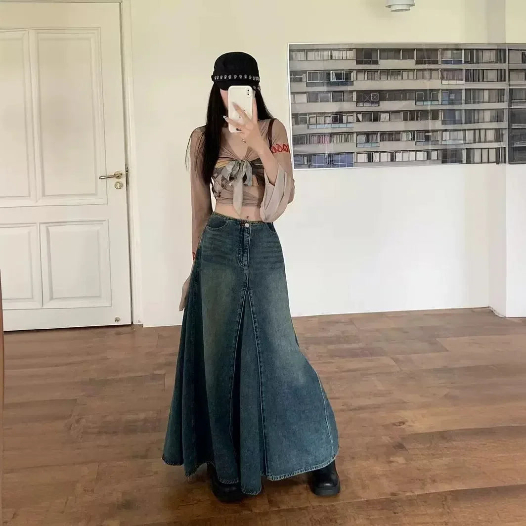 Sweet Cool Retro Distressed Denim High Waist A- Line Long Skirt Wrap Body Skirt Cotton Pure Color