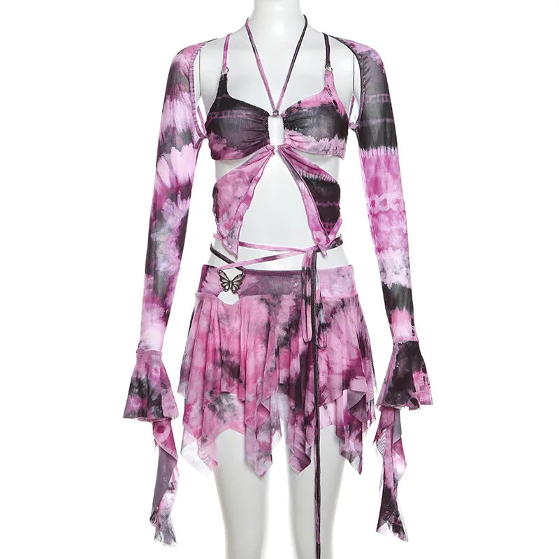 Y2k Ruffle Butterfly 2 Piece Outfit Fairy Backless Crop Top Wrap Mini Skirt Set Rave Festival Matching Set