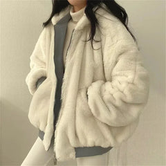 Both Sides Thicken Coat Zipper Hooded Jacket Oversized Elegant Solid Warm Coats Casual Ladies Outerwear