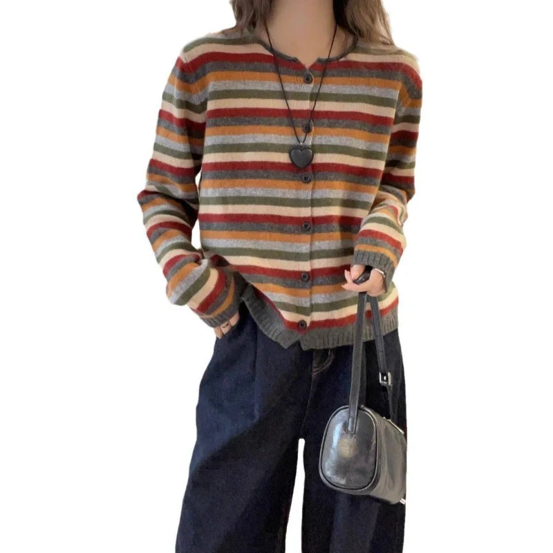 Round Neck Long Sleeve Color Striped Knitted Cardigan