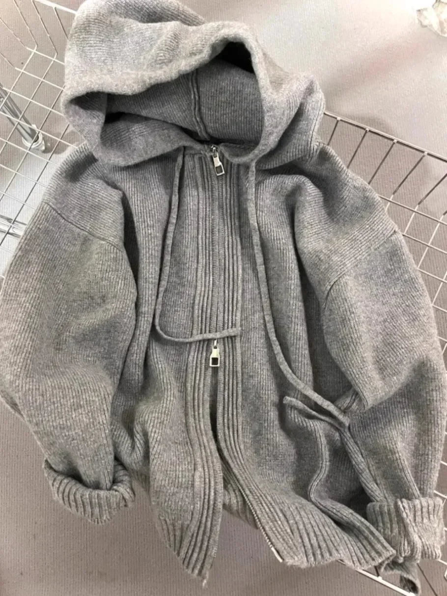 Gray Hooded Sweater Coat Double Zipper Long Sleeve Loose Korean Soft Thickened Knitted Tops Coats
