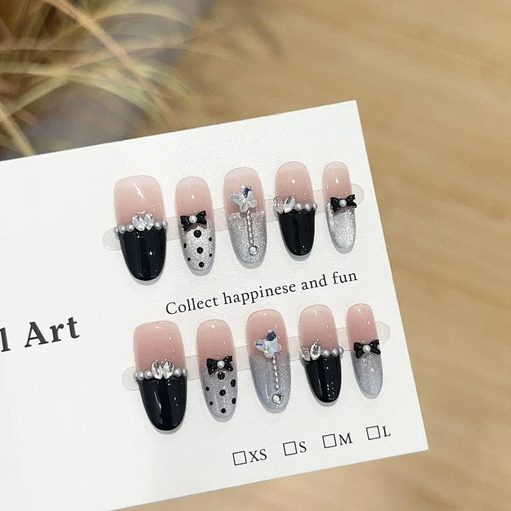 Sweet Lovely Cartoon Bear Long Coffin Stiletto Fake Nails Bowknot Pearl Diamond Flowers Cat Eyes Wearable Fake Nails