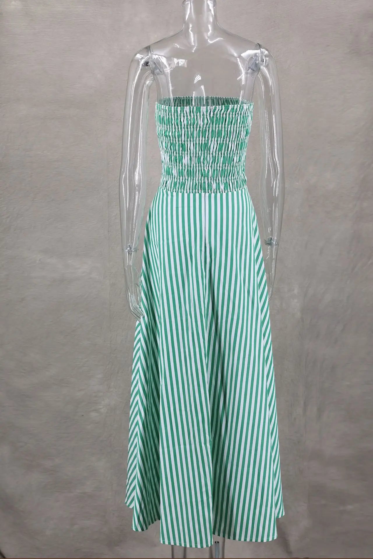 Green Striped Stripless Dress Casual Off Shoulder Backless Maxi Dress Beach Holiday Party Dress Outfits