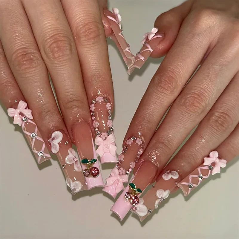 24Pcs Brown Long Coffin False Nails Glitter Ballet Wearable with French Design Fake nails Full Press on Nail Ins Nail Tips Art