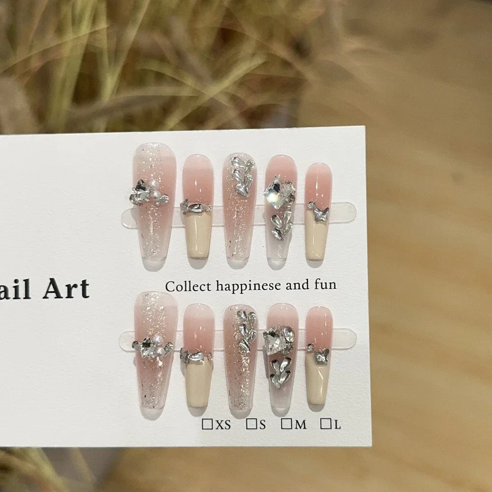 Sweet Lovely Cartoon Bear Long Coffin Stiletto Fake Nails Bowknot Pearl Diamond Flowers Cat Eyes Wearable Fake Nails
