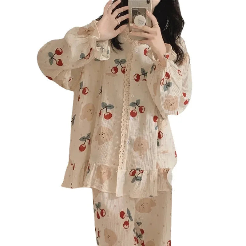Princess Style Plus Size Student Nightwear Ladies Sweet Breathable Crew Neck Sleepwear Loungewear
