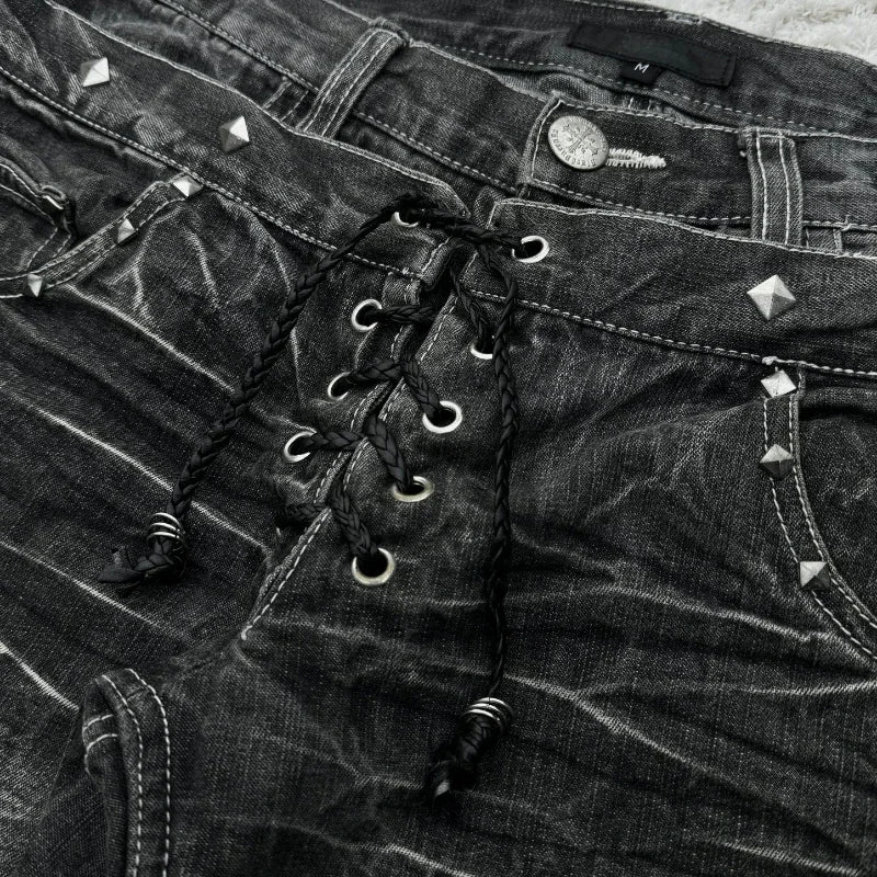 Y2K High Waisted Jeans vintage Embroidery Double Waisted Lace Up Jeans Goth Design Sense Trousers streetwear