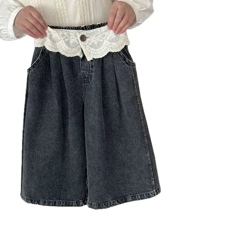 UNITIM 2-8Yrs Kids Girls Jeans Loose Lace Patchwork Children Girls Straight Pants Casual Trendy Infant Babys Girls Denim Pants