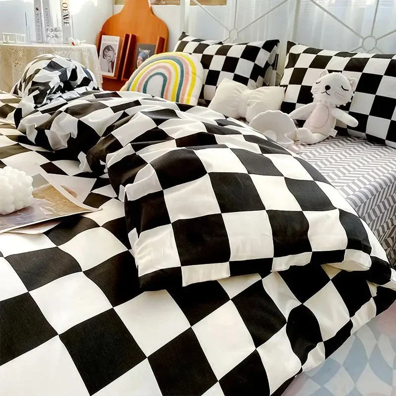 Simple Bedding Set Plaid Sold Color Single Queen Size Duvet Cover No Filling Boys Girls Flat Sheet Pillowcase Kit