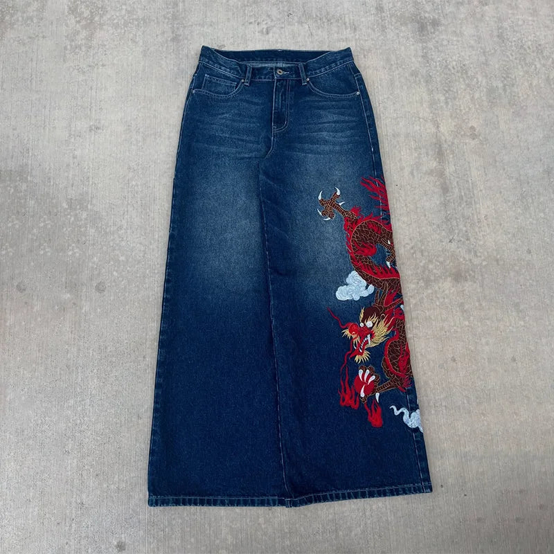 Dragon Graffiti Embroidery Dark Blue Loose Wide Leg Distressed Jeans Y2K High Waist Vintage Casual Daily Streetwear