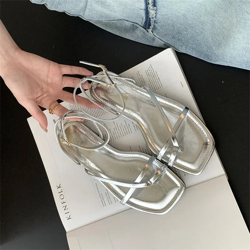 Gladiator Sandals Elegant Narrow Band Clip Toe Shoes Ladies Comfort Flats Beach Sandalias