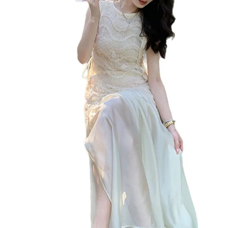 White Sleeveless Waist Skirt High End Dress Temperament Light Luxury Skirt