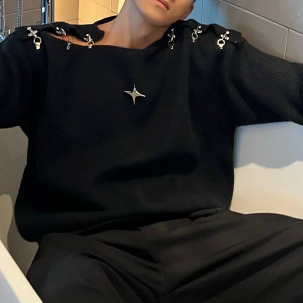 Mens Sweater Buckle Off-Shoulder Sweater Streetwear Youth Campus Versatile Long-Sleeved Top Clothing New
