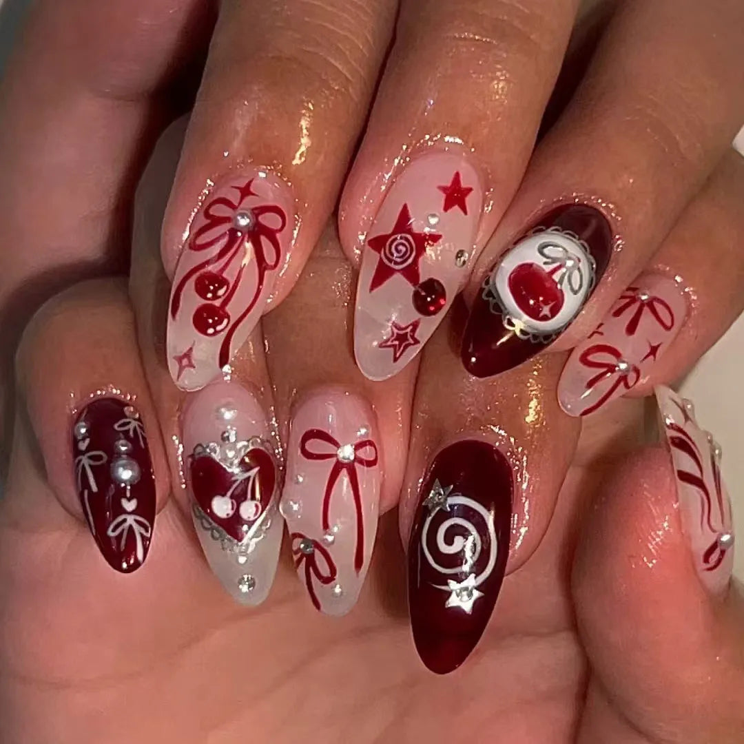 24PCS Wine Red Almond Press on Nails Cartoon Rabbit Bowknot with Plaid Pearl Designs French Fake Nails