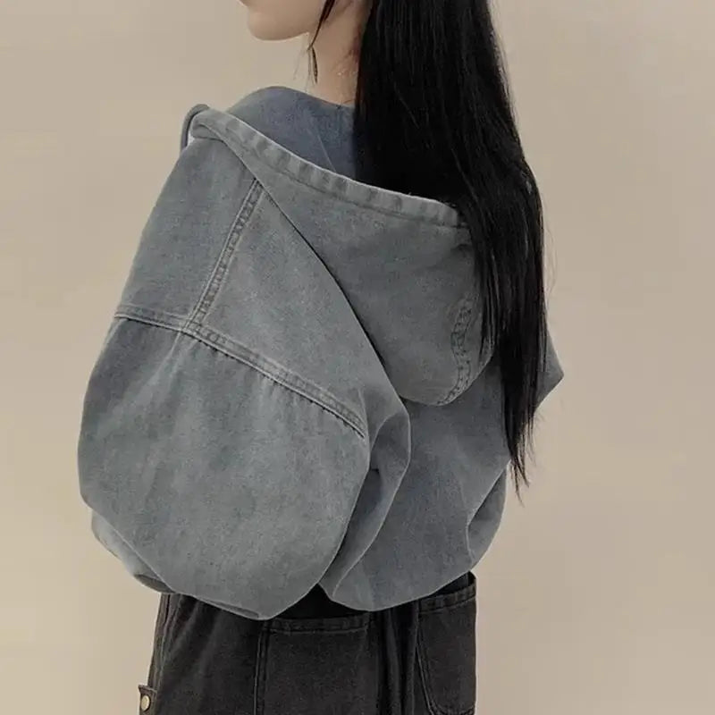 Matakawa Denim Jackets Hooded Solid Korean Chaquetas Vintage Loose Zipper Ropa De Mujer Tops