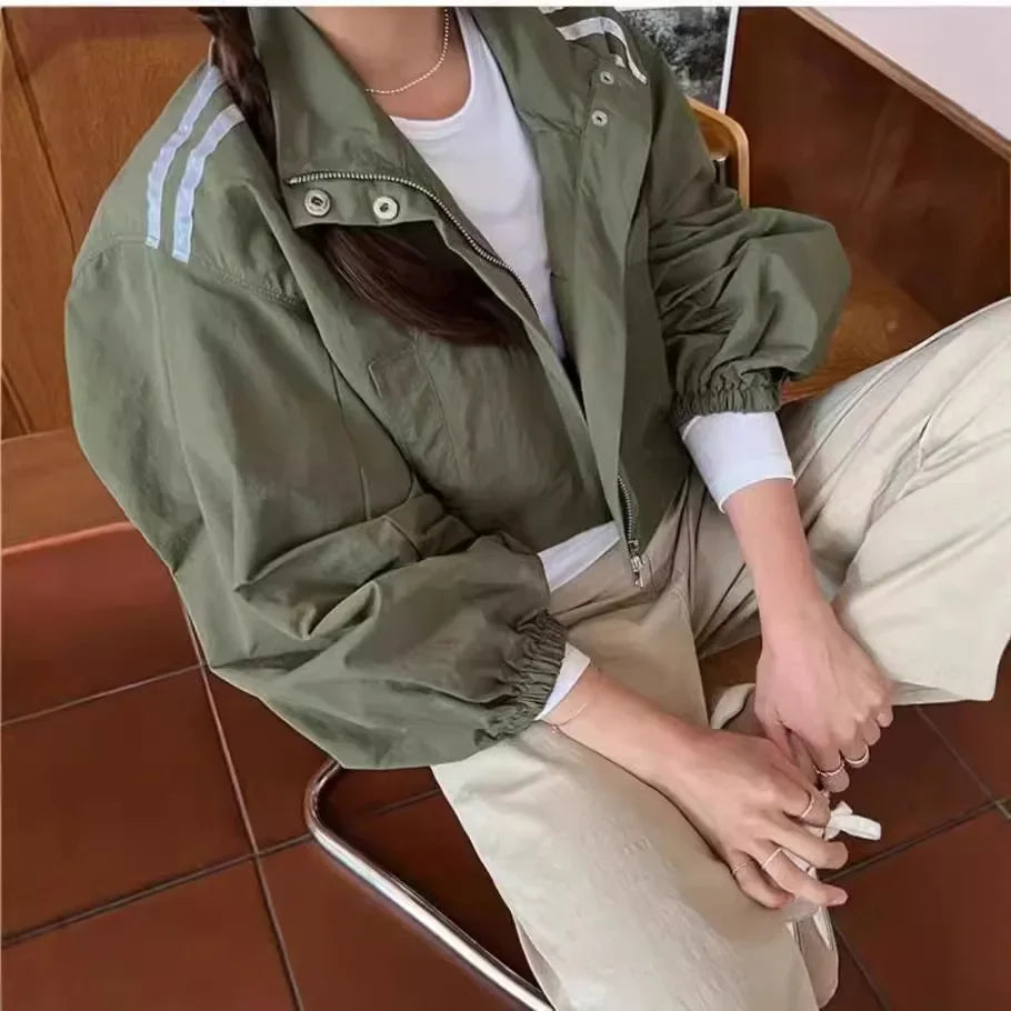 Loose Stand Collar Striped Design Two Bars Korean Chic Jacket Versatile Outerwear Full Sleeve Korean Style
