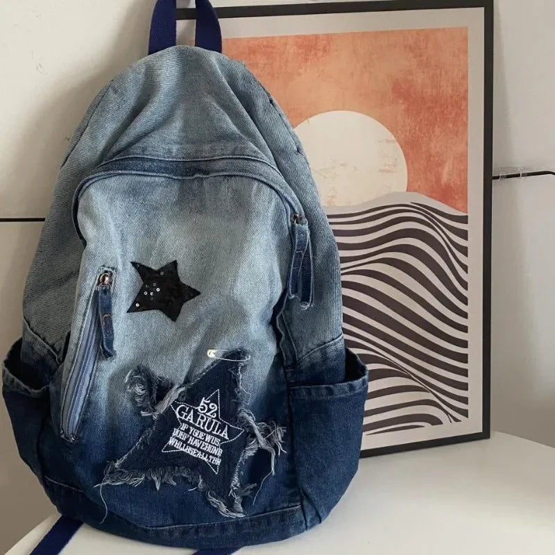 Gray Denim Backpack Leisure Travel Outing Shoulder Bag Schoolbags Suitable