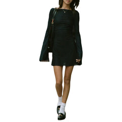 Long Black Dress Solid Colors Casual Floral Print Long Sleeve Backless Slim Fit A-line Dress