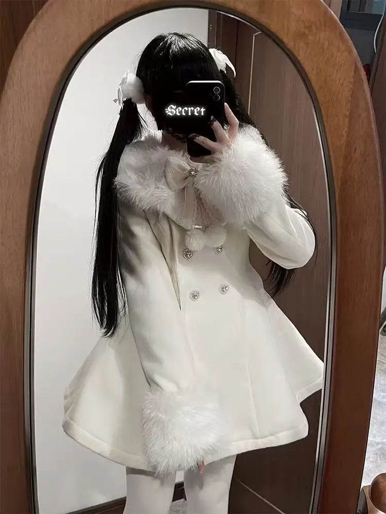 Japanese Slim Bow Long Sleeve Coat Elegant Fur Collar Lace Overcoat Design Chic Sweet Woolen Cloth Coat
