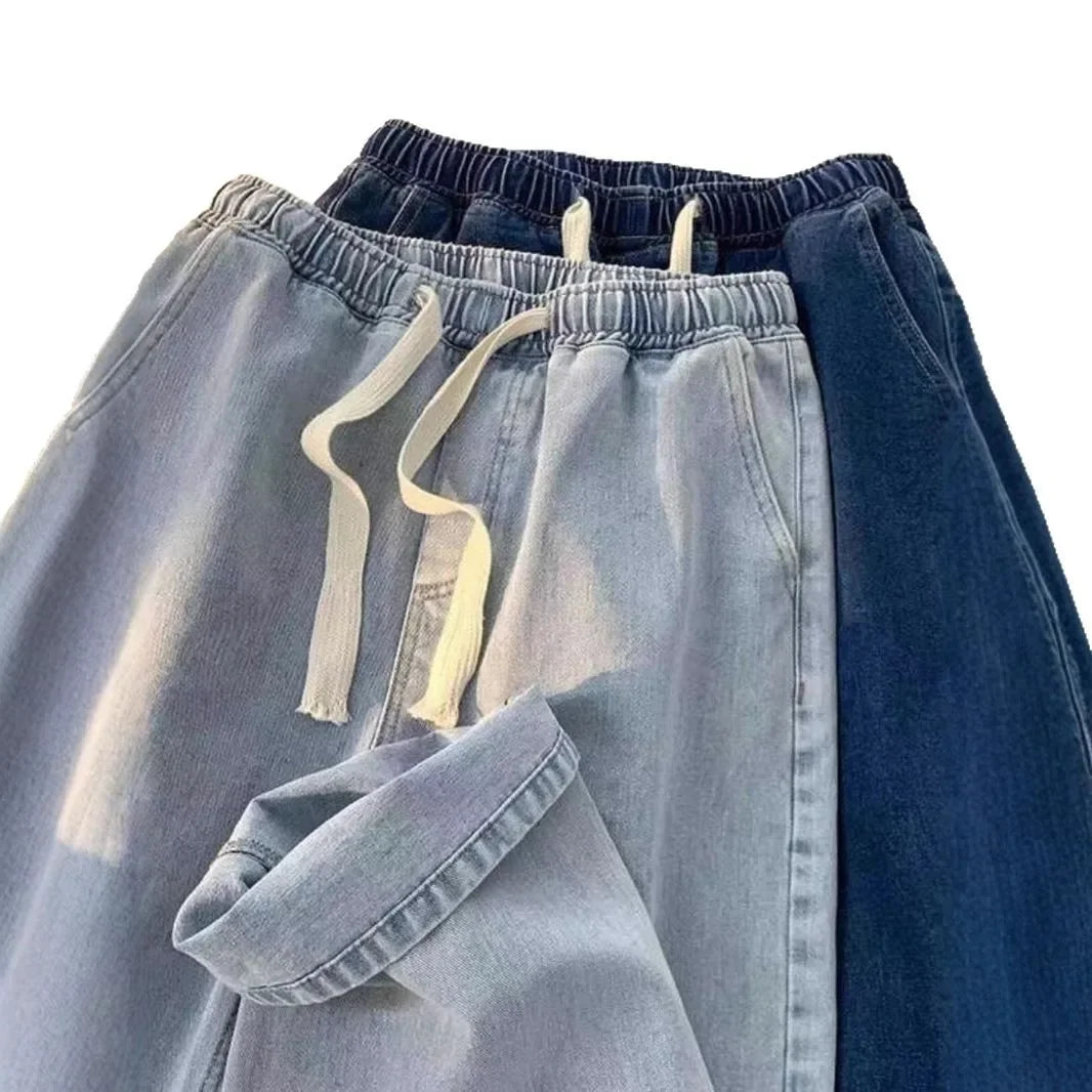 Loose Straight Leg High Waist Elastic Waist Jeans Vintage High Street Trendy Wide Leg Personalized Straight