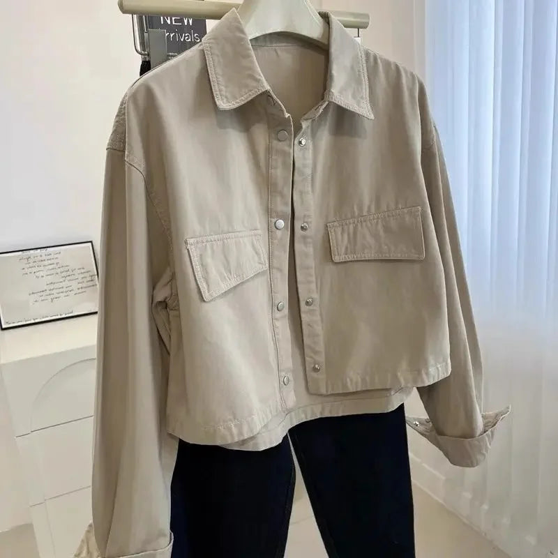 Loose Short Collared Workwear Jacket Style Versatile Korean Neutral Flip Collar Utility Coat Trend