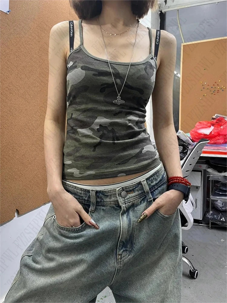 Punk rock harajuku retro camouflage camisole tops chic slim fit hottie crop tops 2000s streetwear