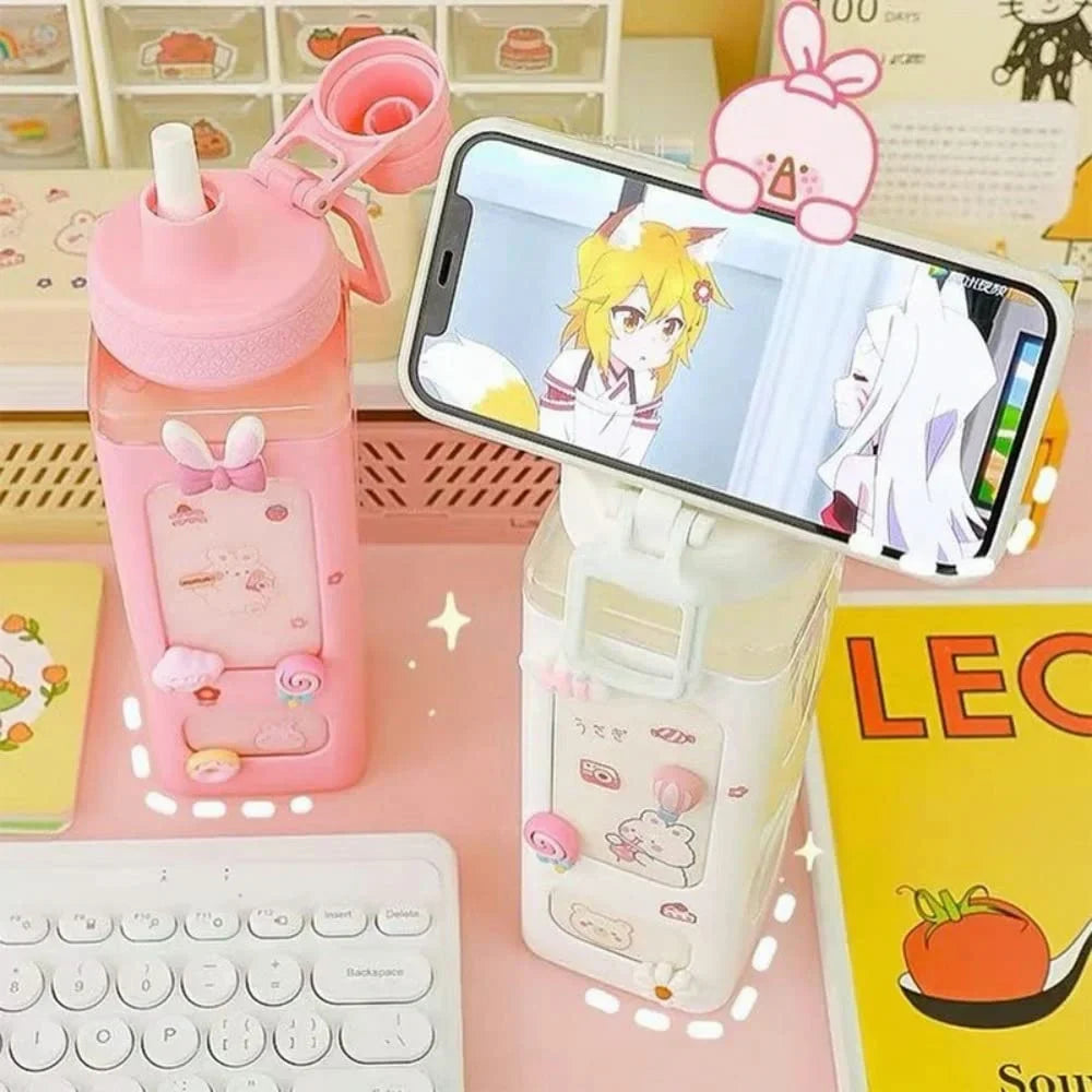 700ml/900ml Kawaii Shaker Water Bottle With Straw Sticker Cute BPA Free Plastic Tea Milk Portable Gourde Drink Bottle