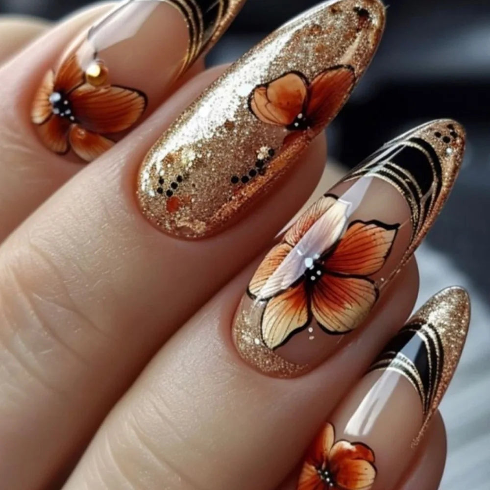 24pcs/set Medium long fake nails Swan fish flowers