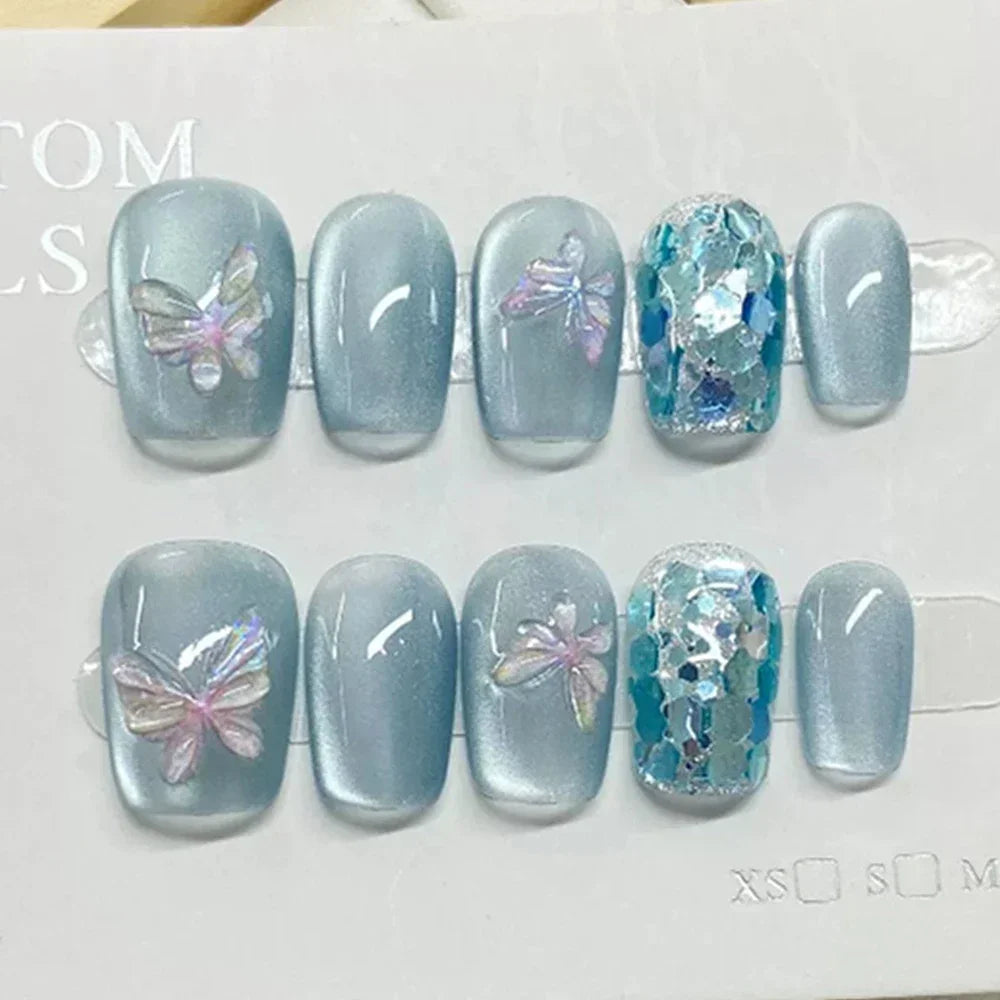 Beauty Colorful Short Square Round Detachable Manicure Kawaii Cat Eyes Glitter Sequins Rhinestone Handmade Full Cover Nail Tips
