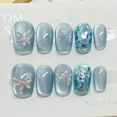 Beauty Colorful Short Square Round Detachable Manicure Kawaii Cat Eyes Glitter Sequins Rhinestone Handmade Full Cover Nail Tips