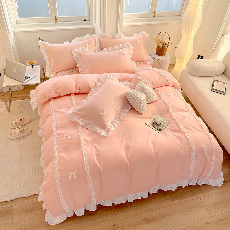 Korean Princess Style Bedding Sets Ins Lace Bowknot Duvet Cover Fitted Sheet