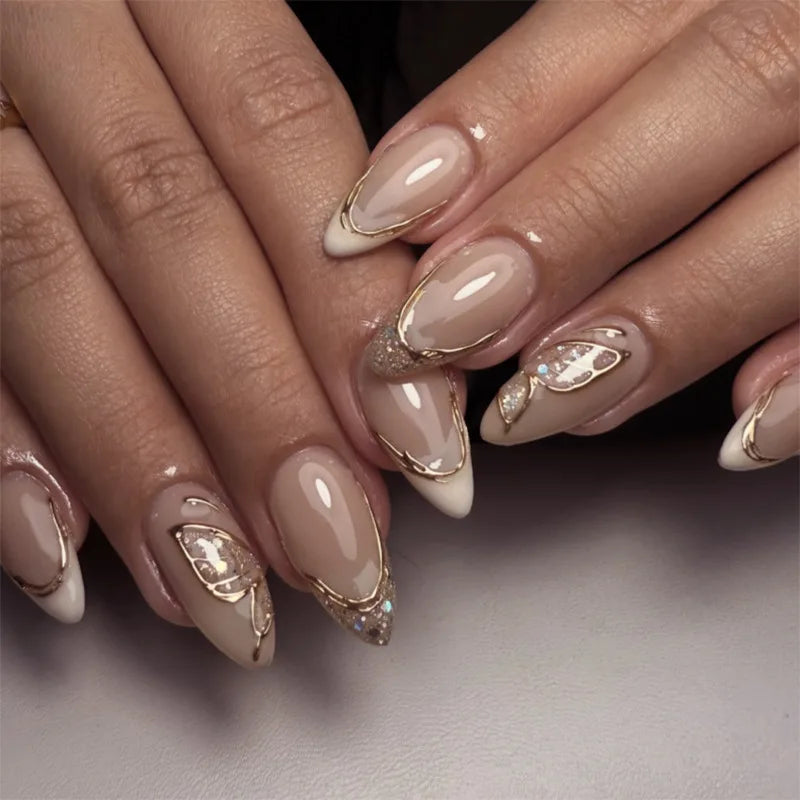 Red Y2K Wearable Nail Art Chic Silver Butterfly Love Metal Bead Almond False Nails Detachable Finished Fake Nails Press on Nails