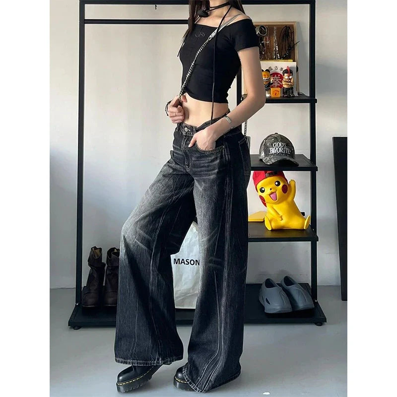 Y2K 2000S Grunge Black Jeans Vintage Oversized Wide Leg Denim Pants Harajuku Gothic High Waist Baggy Straight Trousers New