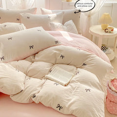 3 Piece Sheet Set pink bowknot embroidery duvet cover Set
