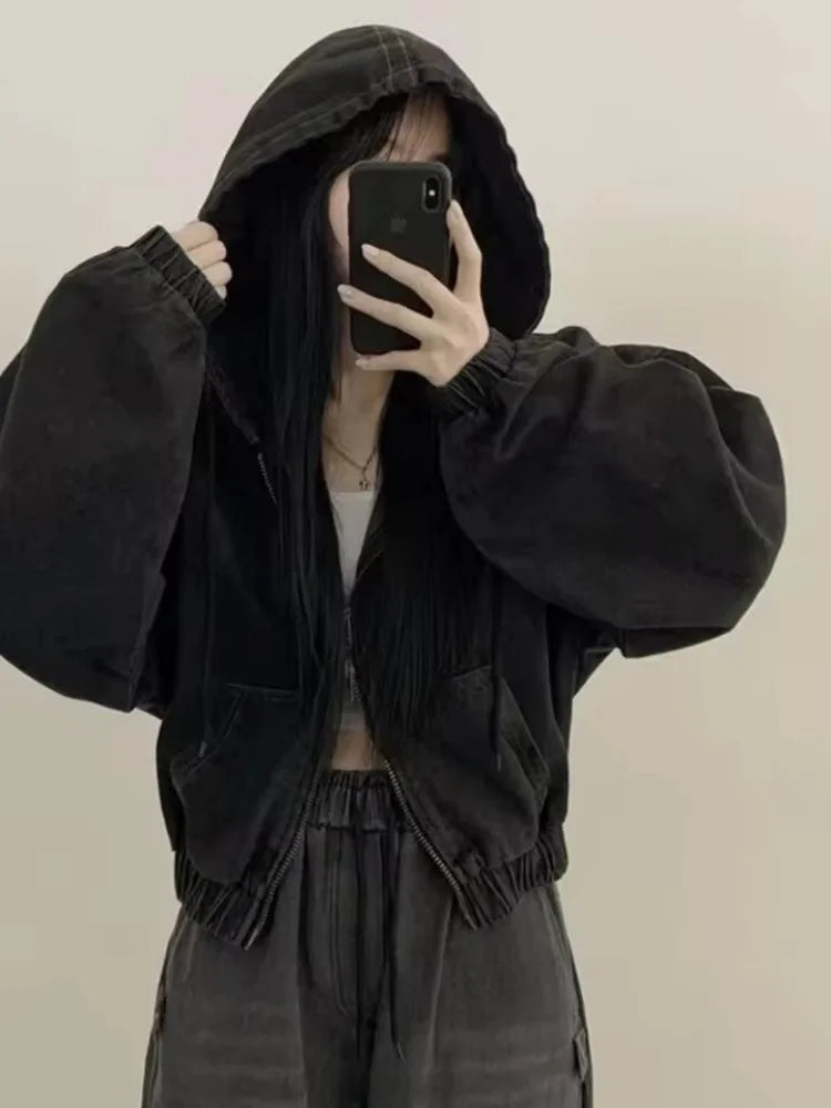 Short Denim Jacket Loose Long Sleeved Casual Fall Retro Zipper Design Hoodie Outerwear Versatile Outwear