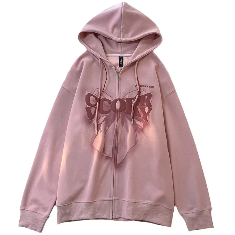 Slimming Effect Oversize Hoodie Loose Fit Printed Bubble Jacket Student Open Cardigan Outerwear Polyester Fiber