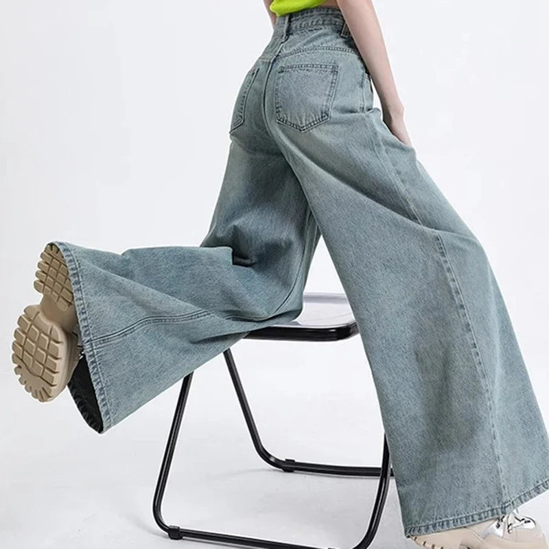 High Waist Korean Slacks Wide Leg Jeans Girls Punk 90s Vintage Denim Straight Leg Pants Light Blue Baggy Trousers