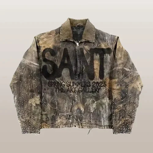 American Retro Washed Brown Jacket Y2K Clothes Letter Patch Embroidery Sequins Rhinestones Design Oversized Coats Casual Top