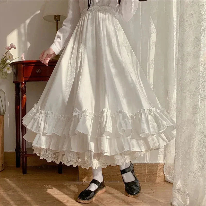 Sweet Midi Skirt Lace Patchwork Bow Preppy Fall Loose Casual Skirts Japanses Ruffle High Waist Solid Chic Skirt